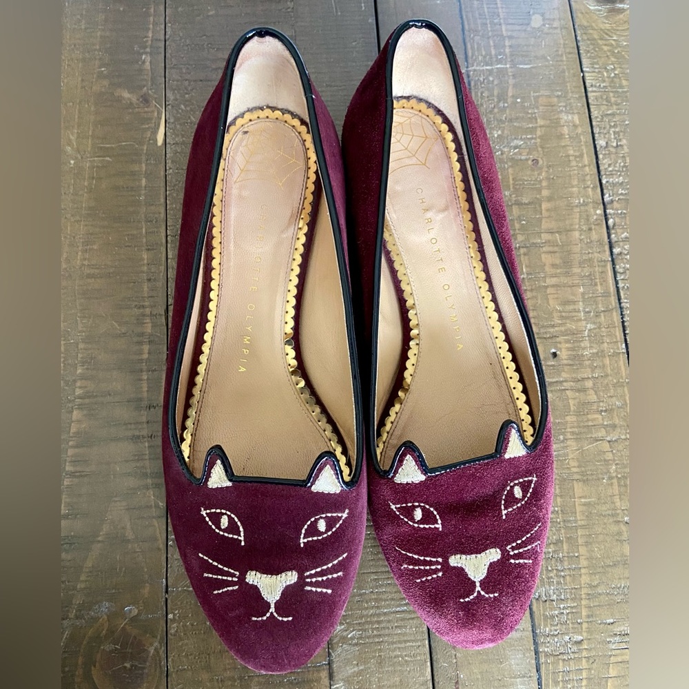 Charlotte Olympia Aubergine Suede Kitty Flats